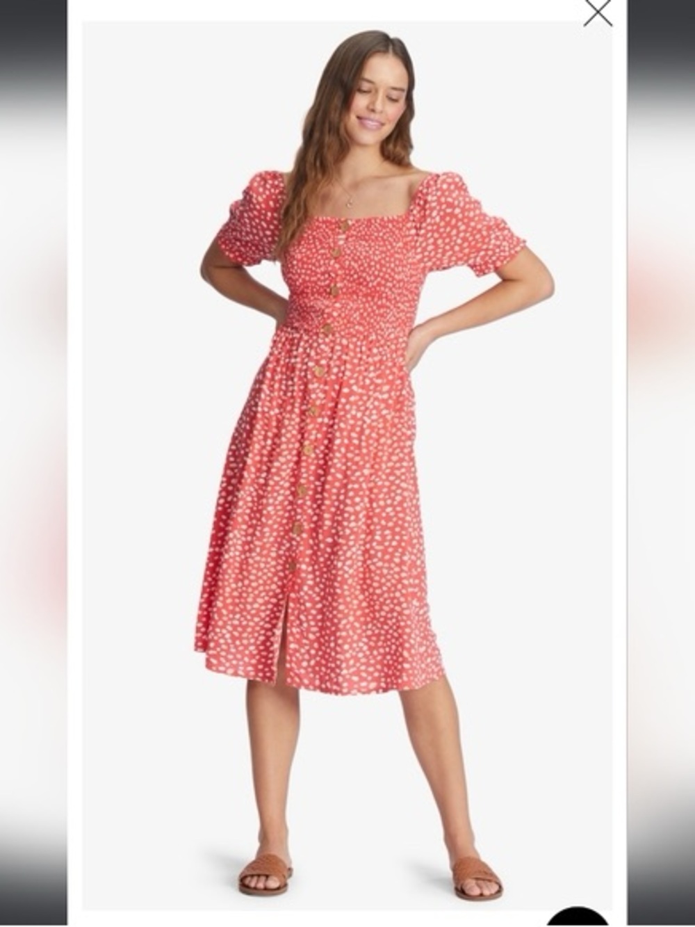 NWT Roxy Red Floral Smocked Midi Dress | Puff Sleeve Boho Summer Sundress Sz L